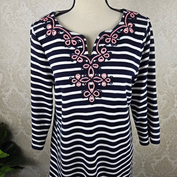 Talbots Petite Size Large Blue White Striped Shift Dress 3/4 Sleeve Embroidery - Picture 2 of 10